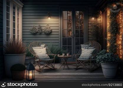 cozy backyard with comfortable deck chairs on wooden floor and illuminated walls, created with generative ai. cozy backyard with comfortable deck chairs on wooden floor and illuminated walls
