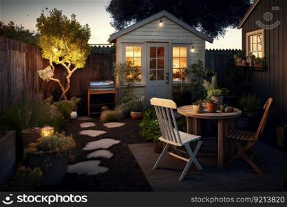 cozy backyard with comfortable multi-seated corner, table and shed, created with generative ai. cozy backyard with comfortable multi-seated corner, table and shed