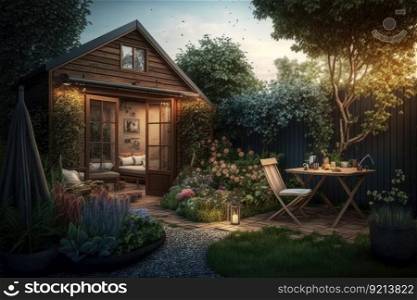 cozy backyard with comfortable multi-seated corner, table and shed, created with generative ai. cozy backyard with comfortable multi-seated corner, table and shed