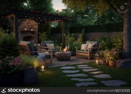 cozy backyard with garden furniture and large lawn sitting area, created with generative ai. cozy backyard with garden furniture and large lawn sitting area