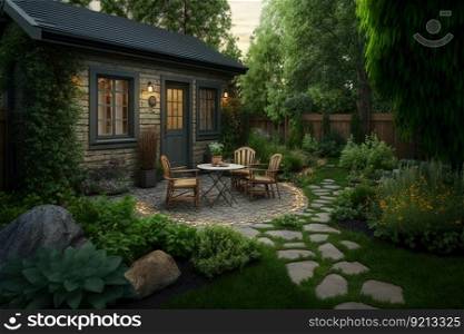 cozy backyard with large green garden lawn and paving stones at cottage, created with generative ai. cozy backyard with large green garden lawn and paving stones at cottage