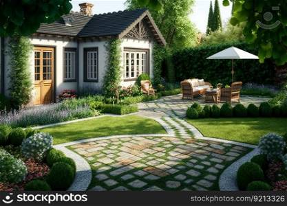 cozy backyard with large green garden lawn and paving stones at cottage, created with generative ai. cozy backyard with large green garden lawn and paving stones at cottage