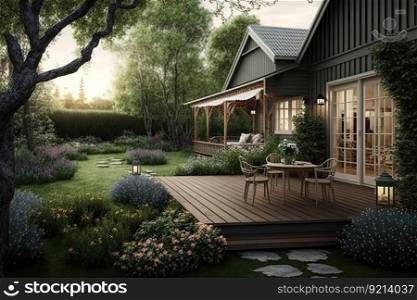 cozy backyard with large lawn and wooden deck, created with generative ai. cozy backyard with large lawn and wooden deck