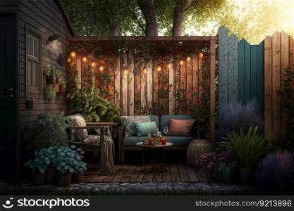 cozy backyard with neighbouring fence decorated with wooden planks, created with generative ai. cozy backyard with neighbouring fence decorated with wooden planks
