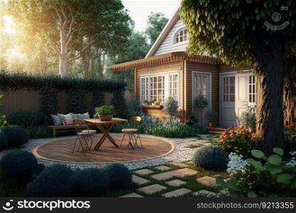 cozy backyard with recreation area and garden located near house, created with generative ai. cozy backyard with recreation area and garden located near house