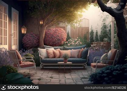 cozy backyard with soft large sofa and comfortable armchairs, created with generative ai. cozy backyard with soft large sofa and comfortable armchairs