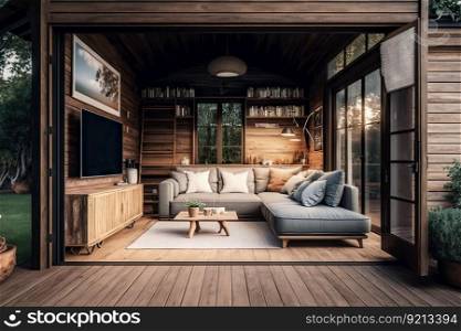 cozy backyard with tv and comfortable sofa against backdrop of wooden house, created with generative ai. cozy backyard with tv and comfortable sofa against backdrop of wooden house