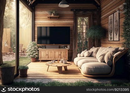 cozy backyard with tv and comfortable sofa against backdrop of wooden house, created with generative ai. cozy backyard with tv and comfortable sofa against backdrop of wooden house