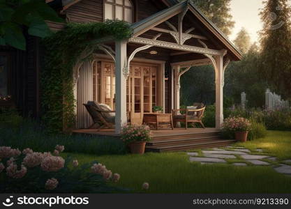 cozy backyard with wooden comfortable porch and grassy lawn, created with generative ai. cozy backyard with wooden comfortable porch and grassy lawn