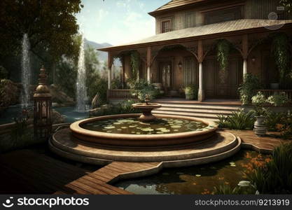 cozy backyard with wooden decking near large fountain with water, created with generative ai. cozy backyard with wooden decking near large fountain with water