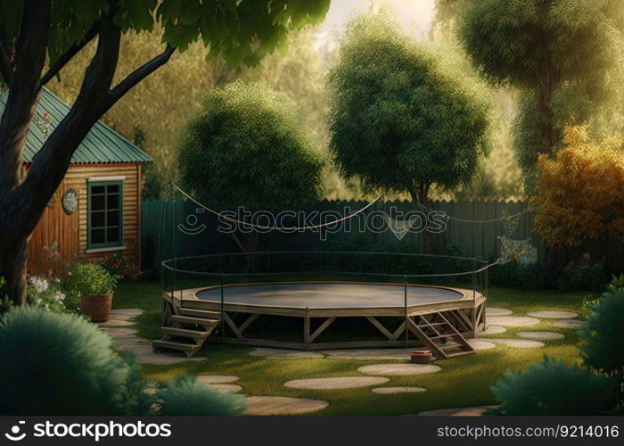 cozy backyard with wooden trampoline in garden on background of green trees, created with generative ai. cozy backyard with wooden trampoline in garden on background of green trees