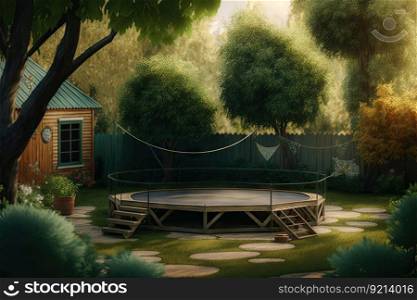 cozy backyard with wooden trampoline in garden on background of green trees, created with generative ai. cozy backyard with wooden trampoline in garden on background of green trees