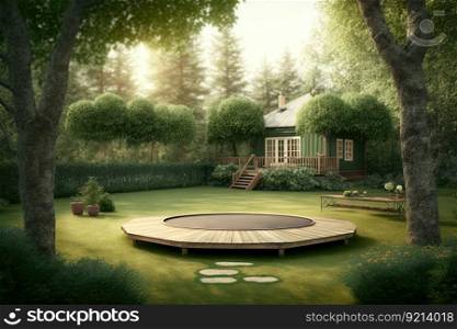 cozy backyard with wooden trampoline in garden on background of green trees, created with generative ai. cozy backyard with wooden trampoline in garden on background of green trees