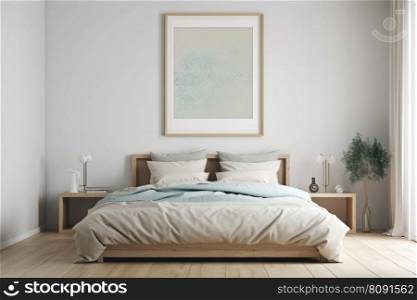 Cozy bedroom interior with a mockup poster frame on a white wall, complemented by modern furniture, greenery, and soft bedding. The ambiance is peaceful and serene. This mockup is AI generative.