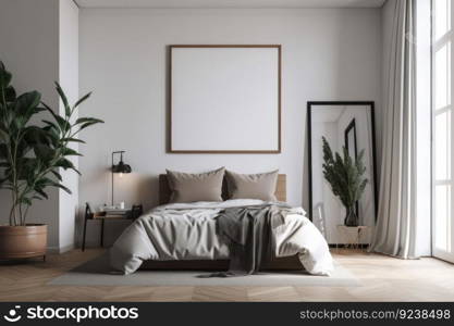Cozy bedroom with mockup poster frame, white bedding, and greenery. Rustic wooden furniture and soft lighting create a peaceful ambiance. AI Generative.