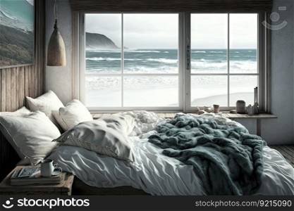 cozy bedroom with warm duvet, plush pillows and dreamy beach views, created with generative ai. cozy bedroom with warm duvet, plush pillows and dreamy beach views