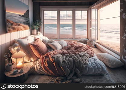 cozy bedroom with warm duvet, plush pillows and dreamy beach views, created with generative ai. cozy bedroom with warm duvet, plush pillows and dreamy beach views