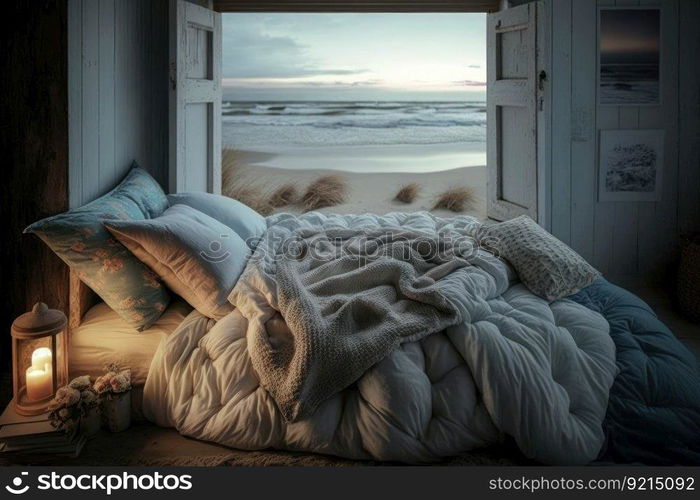 cozy bedroom with warm duvet, plush pillows and dreamy beach views, created with generative ai. cozy bedroom with warm duvet, plush pillows and dreamy beach views