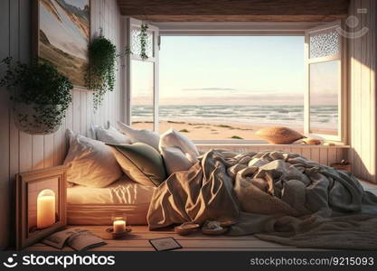 cozy bedroom with warm duvet, plush pillows and dreamy beach views, created with generative ai. cozy bedroom with warm duvet, plush pillows and dreamy beach views