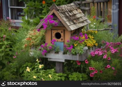 cozy birdhouse surrounded by colorful flowers, created with generative ai. cozy birdhouse surrounded by colorful flowers
