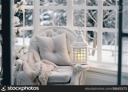Cozy chair by the window with a lantern in a snowy setting. Cozy chair by the window with a lantern in a snowy setting.