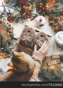 Cozy Christmas home scene. Woman hands with ginger cat and gift box with teddy-bear socks on white blanket with winter holiday decorations, burning candles, pine branches and fairy lights , top view