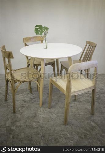 Cozy coffee shop with wooden furniture set, stock photo