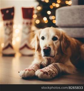 Cozy dog with socks. Illustration Generative AI
