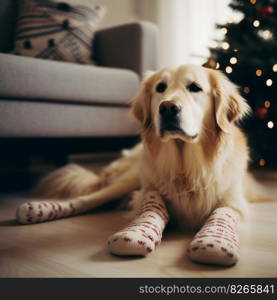 Cozy dog with socks. Illustration Generative AI 
