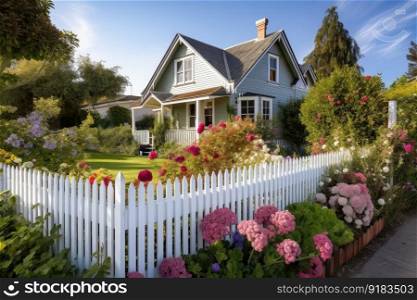 cozy house exterior with picket fence and flowering garden, created with generative ai. cozy house exterior with picket fence and flowering garden