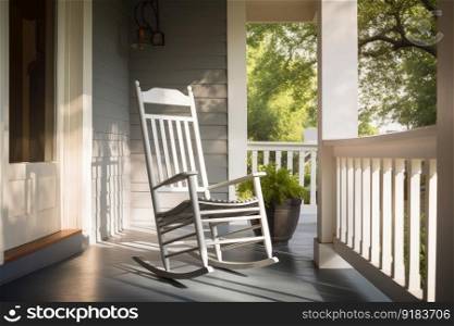 cozy house exterior with porch and rocking chair, ready for lazy afternoon, created with generative ai. cozy house exterior with porch and rocking chair, ready for lazy afternoon