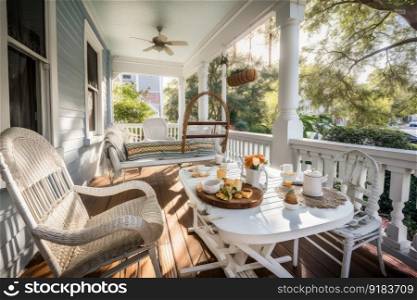 cozy house exterior with porch swing and wicker dining set for afternoon tea, created with generative ai. cozy house exterior with porch swing and wicker dining set for afternoon tea