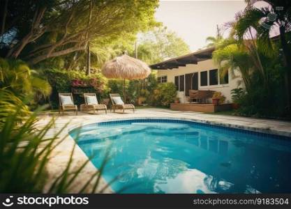 cozy house exterior with swimming pool and lush garden, offering a relaxed and serene atmosphere, created with generative ai. cozy house exterior with swimming pool and lush garden, offering a relaxed and serene atmosphere