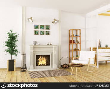Cozy interior of living room with fireplace and rocking chair 3d render