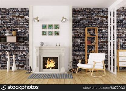 Cozy interior of living room with fireplace, rocking chair, brick wall 3d rendering