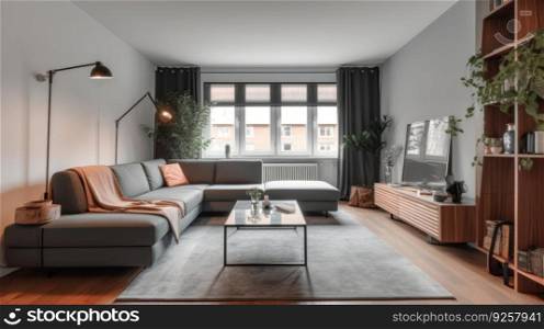 Cozy living room with a modern design in apartment. Generative AI AIG21.