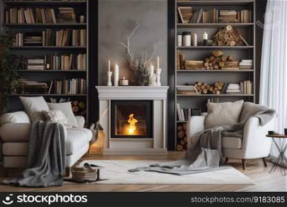 cozy living room with fireplace, bookshelf, and throw blanket, created with generative ai. cozy living room with fireplace, bookshelf, and throw blanket