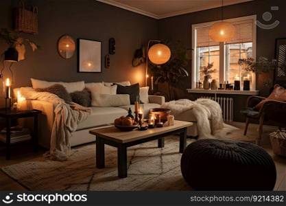cozy living room with plush furniture, warm lighting, and hygge accessories, created with generative ai. cozy living room with plush furniture, warm lighting, and hygge accessories