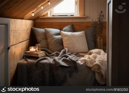 cozy nook with soft blankets and cushions, perfect for reading or relaxing, created with generative ai. cozy nook with soft blankets and cushions, perfect for reading or relaxing