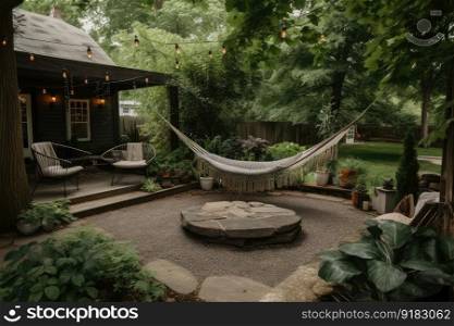 cozy outdoor space with fire pit and hammock surrounded by lush greenery, created with generative ai. cozy outdoor space with fire pit and hammock surrounded by lush greenery