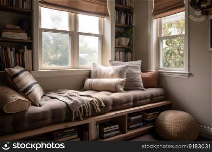 cozy reading nook with cushioned window seat, soft blankets, and stack of books, created with generative ai. cozy reading nook with cushioned window seat, soft blankets, and stack of books