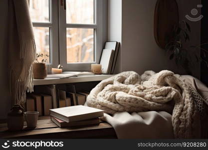 cozy reading nook with soft blankets and books, on a cold winter day, created with generative ai. cozy reading nook with soft blankets and books, on a cold winter day