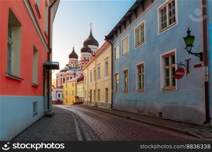 Cozy street and Russian Orthodox Alexander Nevsky Cathedral in the morning, Tallinn, Estonia. Alexander Nevsky Cathedral in Tallinn
