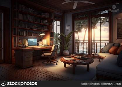 cozy study, with warm lighting and cozy armchair, for reading and relaxing in beachfront villa interior, created with generative ai. cozy study, with warm lighting and cozy armchair, for reading and relaxing in beachfront villa interior