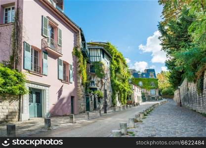Cozy tourist alley in Paris, Monmartre street, France
