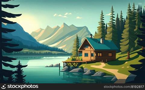 cozy wooden houses mountain lake. cottage home, nature building, forest winter, cabin landscape, wood snow, tree cozy wooden houses mountain lake ai generated illustration. cozy wooden houses mountain lake ai generated