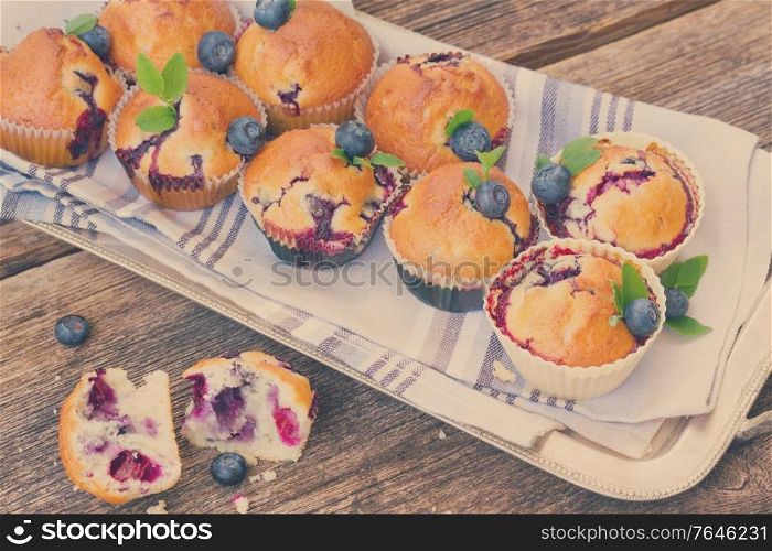 cplate of upcakes with fresh blueberry berry and leaves on wooden table, retro toned. cupcakes with blueberry