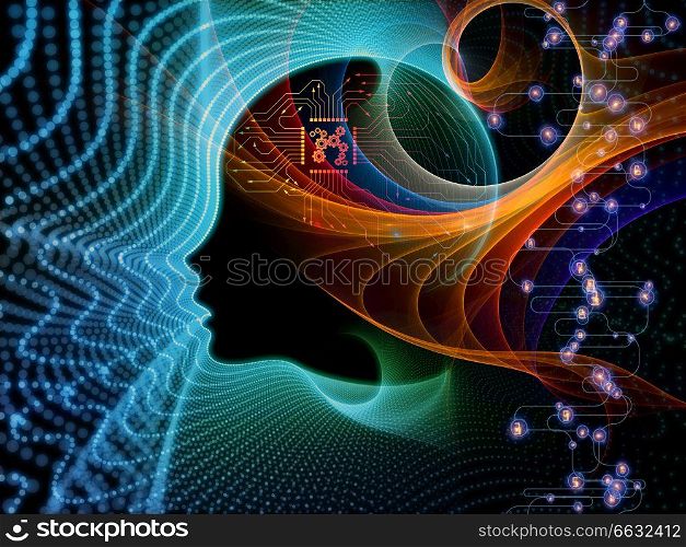 CPU Mind series. Composition of human face silhouette and technology symbols on the subject of computer science, artificial intelligence and communications