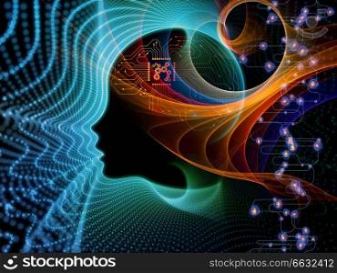 CPU Mind series. Composition of human face silhouette and technology symbols on the subject of computer science, artificial intelligence and communications