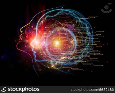 CPU Mind series. Visually attractive backdrop made of human face silhouette and technology symbols suitable in layouts on computer science, artificial intelligence and communications